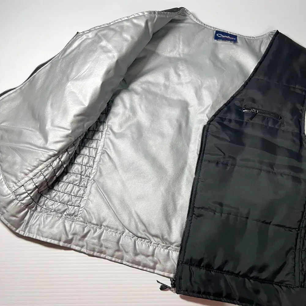 Vintage 90s Mens Size Medium Black Quilted Nylon Zip Vest Silver Lining Catalina